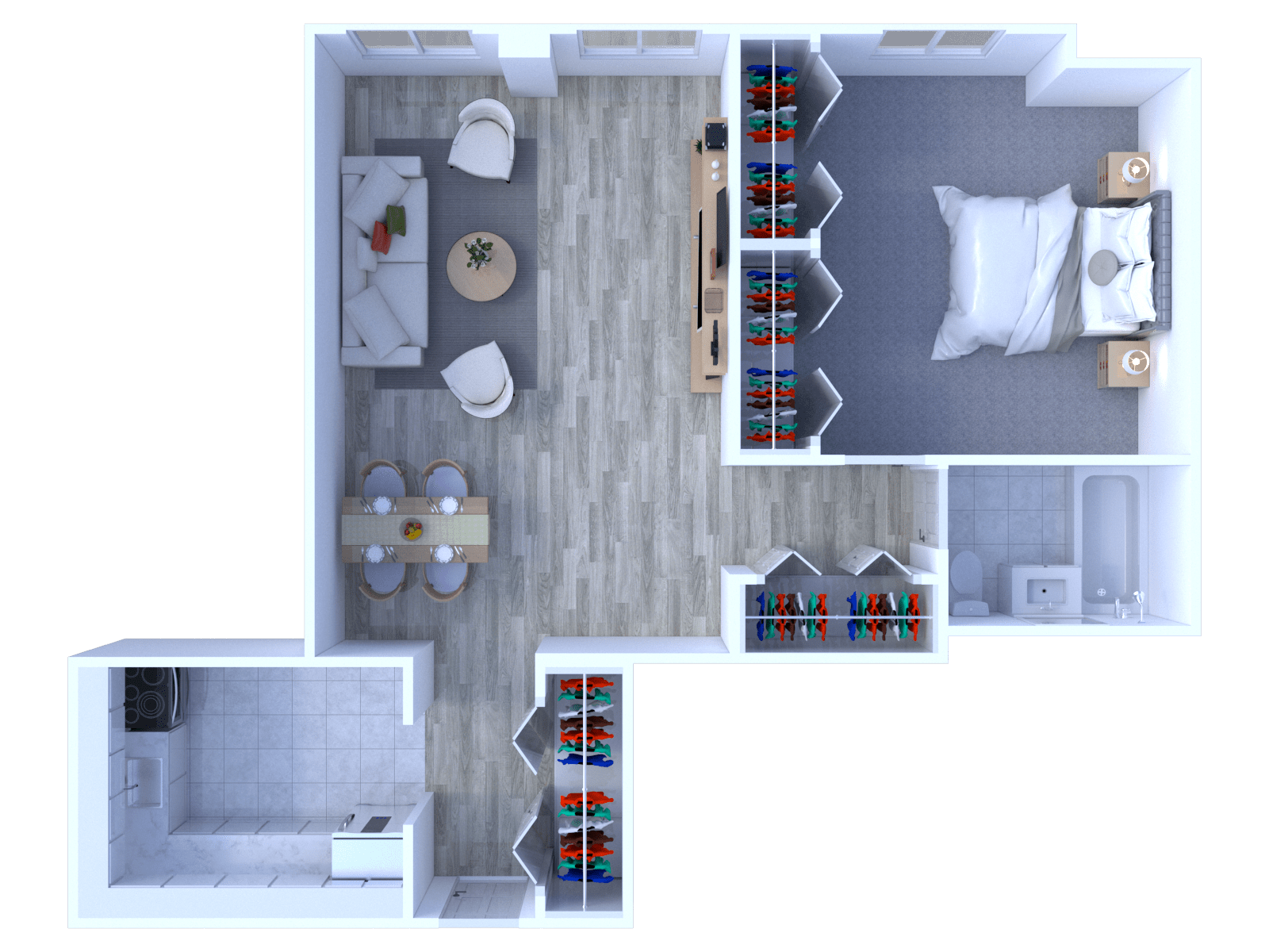 Floor plan for 1 bed, 1 bath, 675 sqft